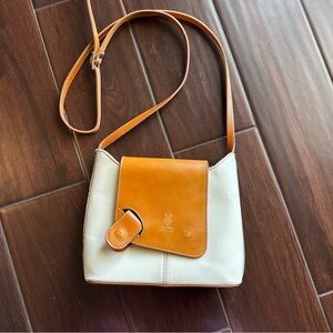 Vera Pelle Italian Leather Crossbody Bag Two Tone Cream Tan Handmade In Italy